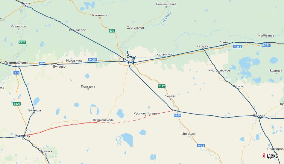 © yandex.ru/map-constructor (Синим — действующая сеть железных дорог России и Казахстана. Красным (сплошным) — действующая ветка Кокшетау – Кызыл Ту. Между станциями Иртышская и Кызыл Ту в свое время было восемь остановочных пунктов)