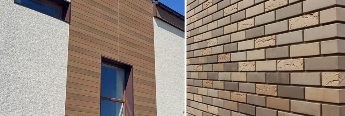 Варианты внешней отделки: штукатурка с панелями под дерево и кирпичная облицовка