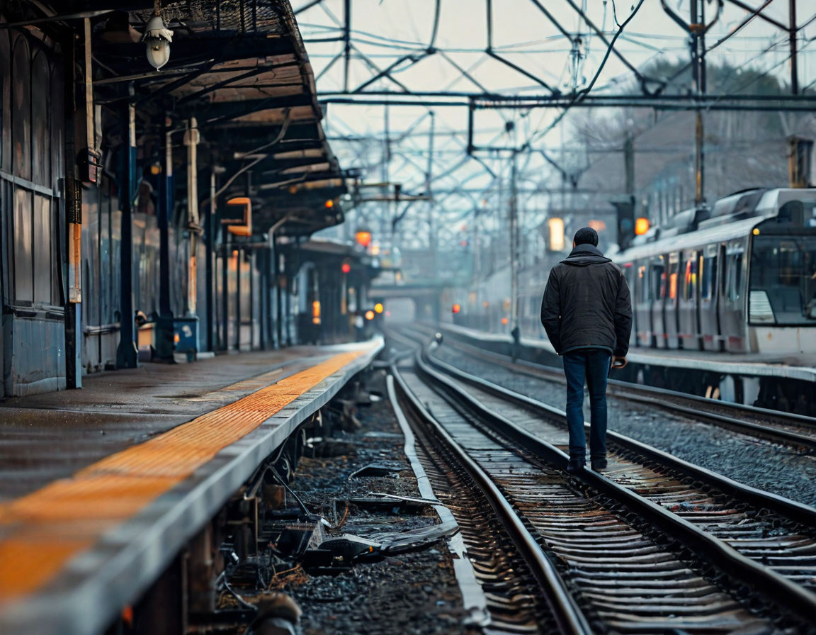 Человек стоит на платформе, но поезд мчится мимо, символизируя упущенные возможности.