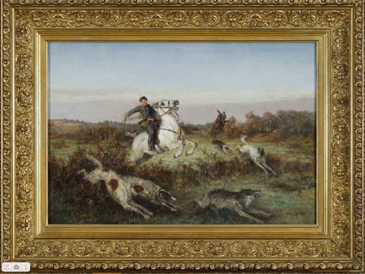 Охота с борзыми на волка, 1891 г., материалы: холст, масло, размеры: 62,5 х 89 см. Источник: https://sovcom.ru