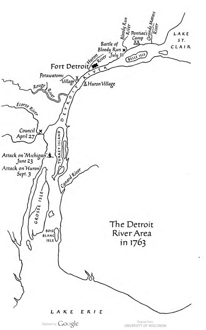 Близ Детройта на карте обозначены деревни гуронов и потаватоми  по берегам реки Детройт.