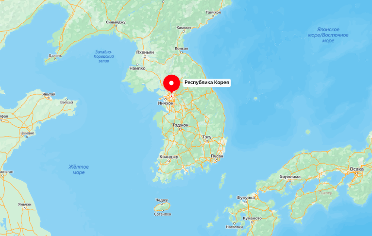 Южная Корея. Скрнишот с сайта yandex.ru/maps