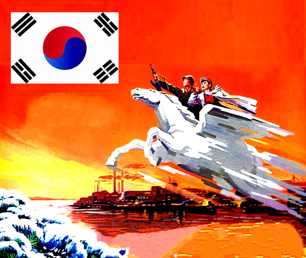 Солдат  КНА и член Трудовой Партии Кореи на крылатом коне Чхоллима летят освобождать Южную Корею от американских марионеток.