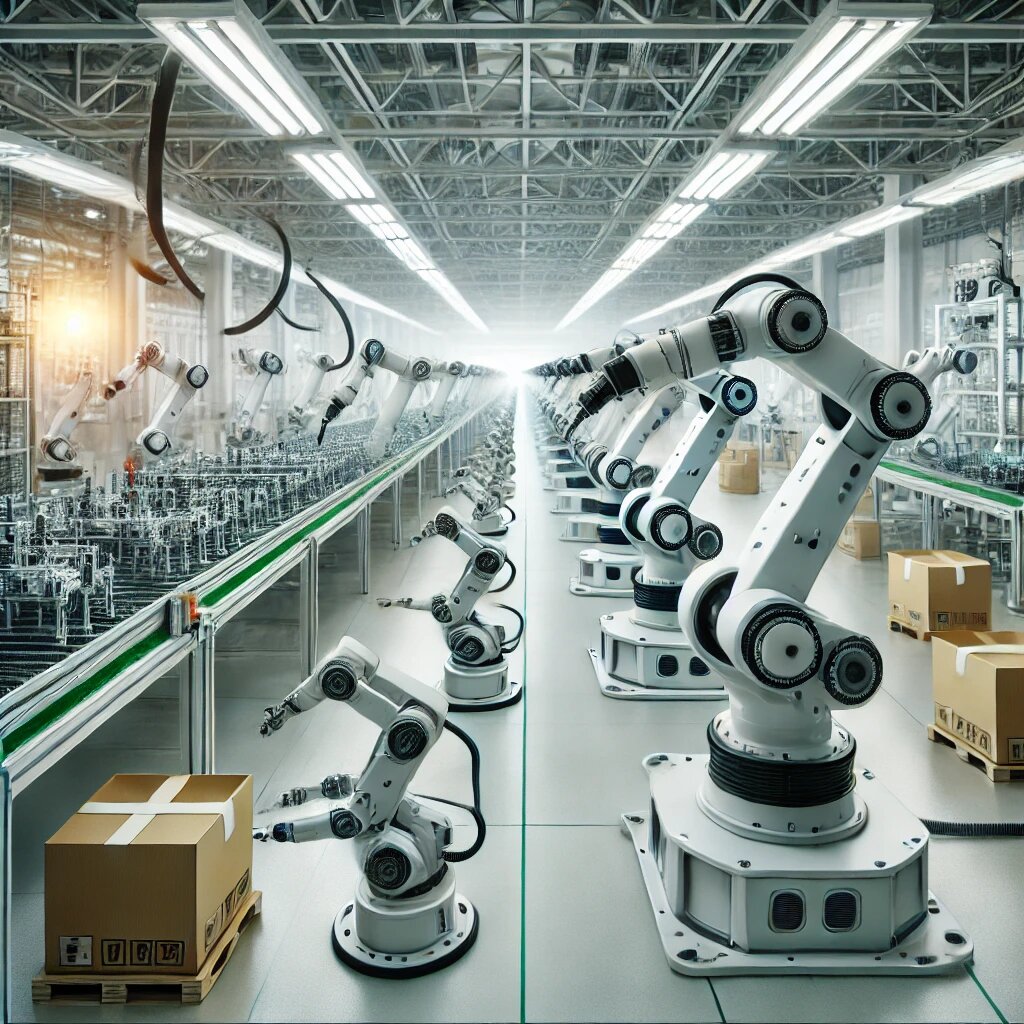 Роботы работают на производственной линии, выполняя задачи с высокой точностью