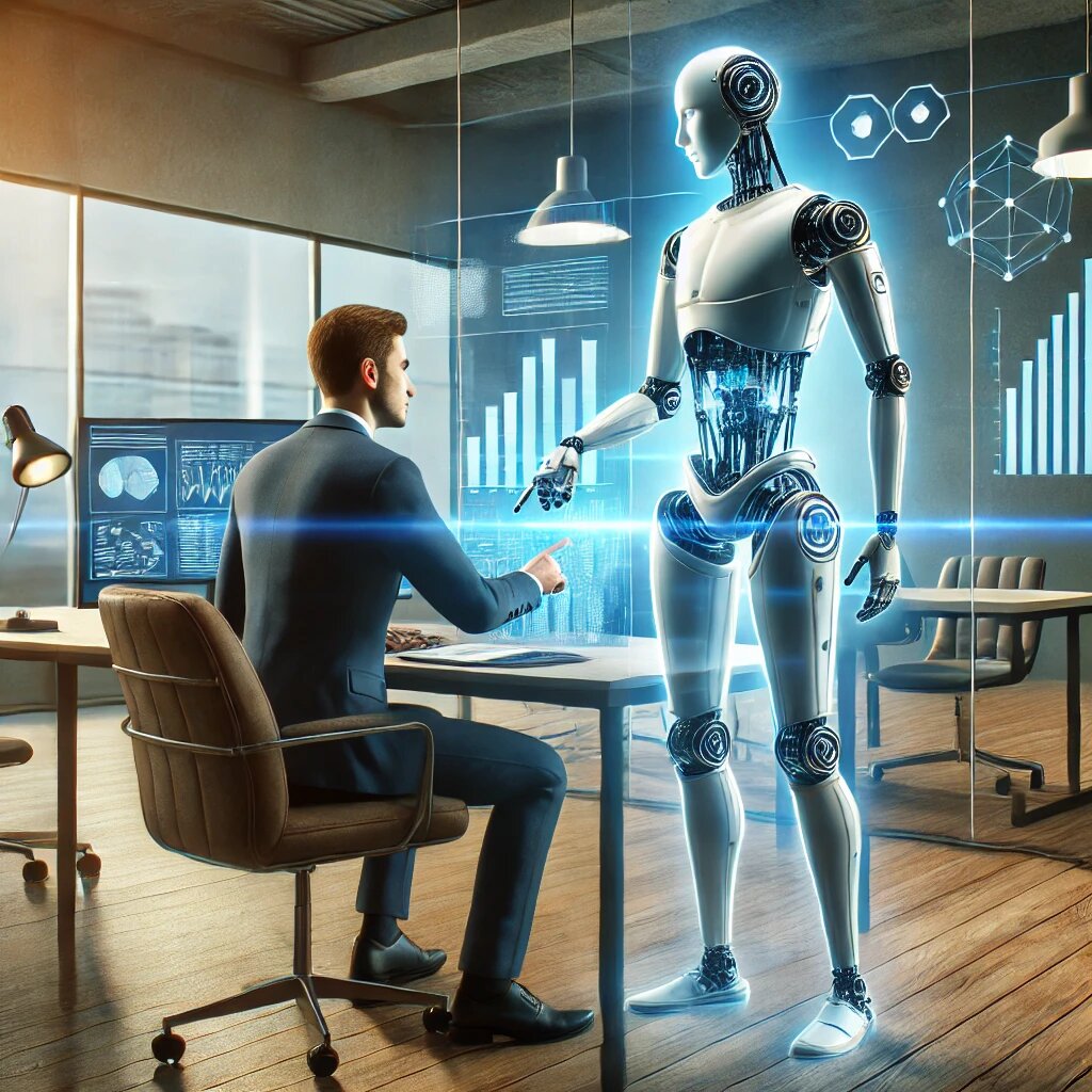 Человек и робот совместно работают над проектом в офисе, символизируя сотрудничество