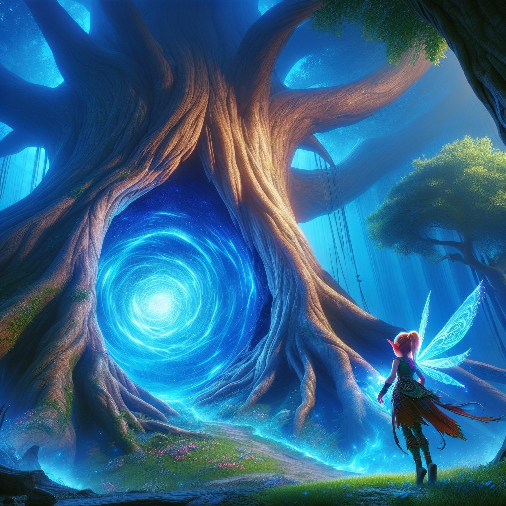 Лора у могучего древа с порталом
