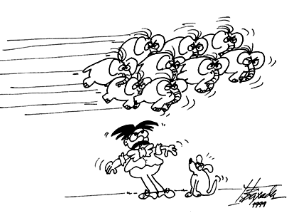 Частицы в пучке на ускорителе собраны в компактные сгустки. Сравнение протонного сгустка на LHC со стадом слонов не случайно: протоны более чем в тысячу раз тяжелее электронов, и поэтому удерживать их на орбите гораздо труднее. (Рис. с сайта bullarchive.web.cern.ch)