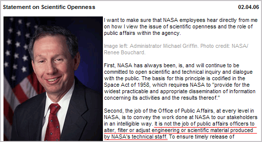 Заявление администратора NASA Майкла Гриффина, вызванное попытками Джорджа Дойча внести коррективы в формулировку термина «Большой взрыв». Выделенная фраза гласит: «В компетенцию специалистов по связям с общественностью не входит работа по изменению, просеиванию и корректировке инженерной и научной информации, полученной техническим персоналом NASA». (Изображение с сайта www.nasa.gov)