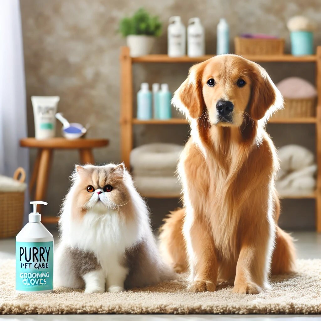 Золотистый ретривер и персидская кошка сидят вместе на чистом ковре, демонстрируя блестящую шерсть и здоровую кожу после правильного ухода.