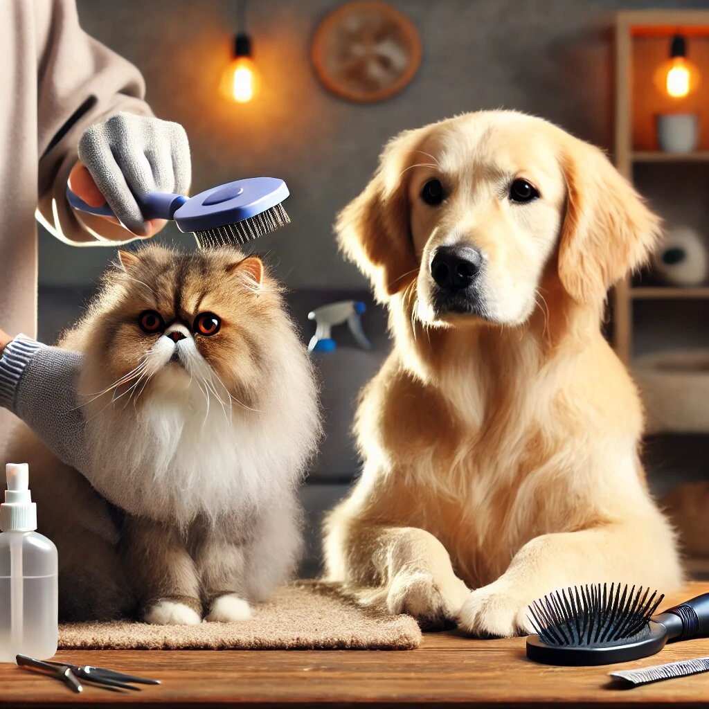 Персидская кошка, которую аккуратно расчесывают, и золотистый ретривер, которого очищают влажной перчаткой PURRY, в уютной домашней обстановке.