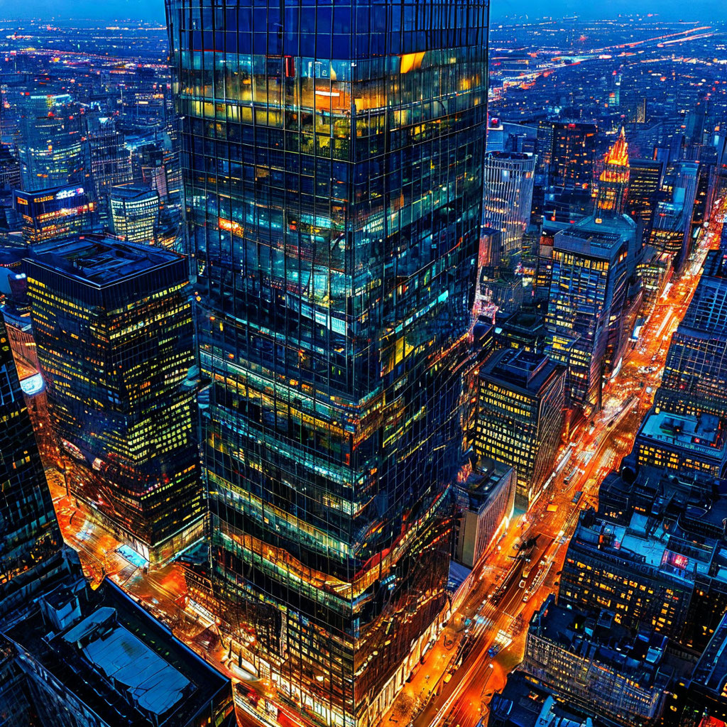 Горящие огни ночного города, отражающиеся в стеклянной фасаде небоскреба. Кажется, что в этом мире царит суета и бесконечное движение.