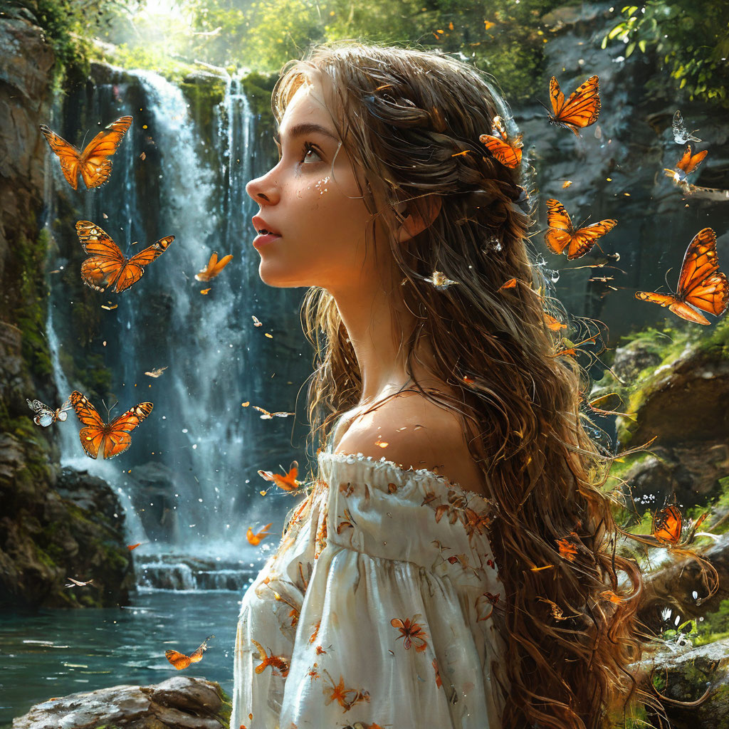 Девушка с красивыми длинными волосами стоит у водопада, смотря вдаль с мечтательным выражением на лице. Вокруг летают бабочки, словно создавая ей ауру волшебства.