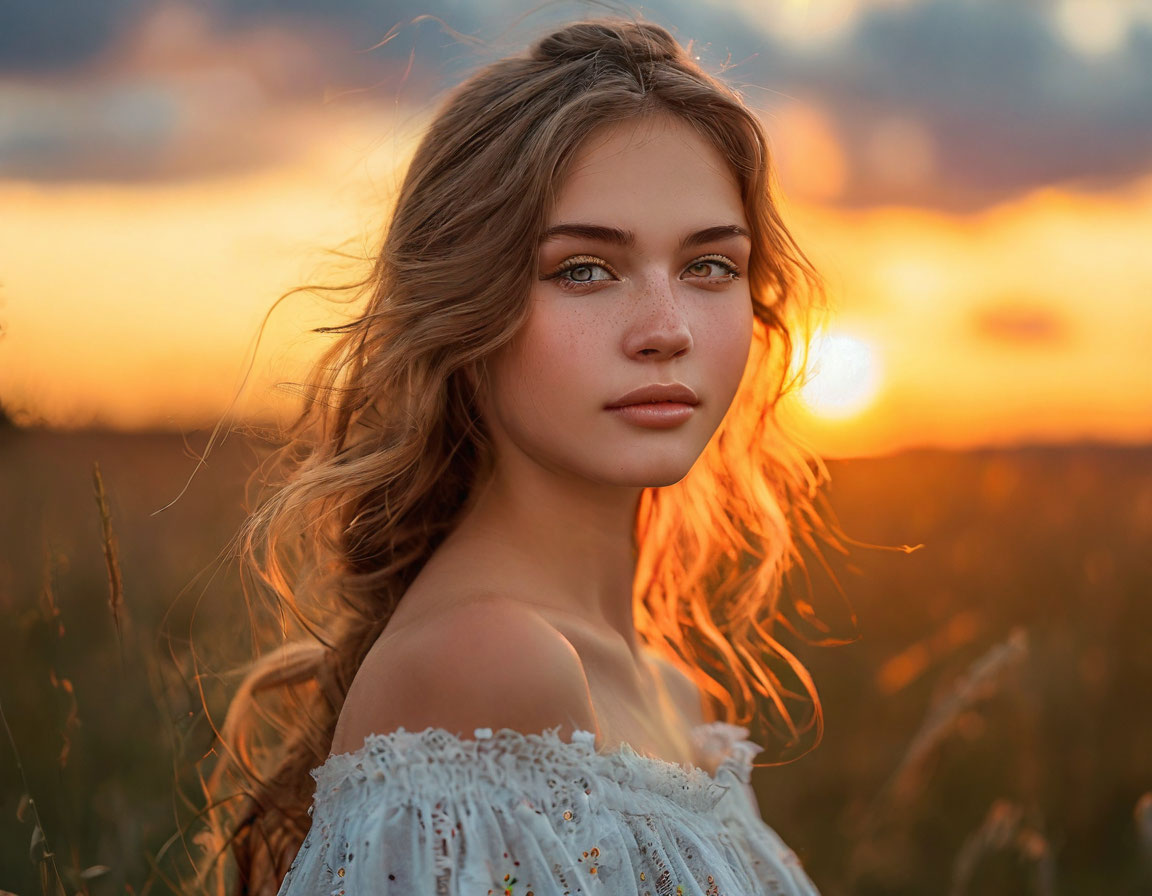 Очень красивая девушка, прекрасное чувство цвета, на фоне фантастического заката
