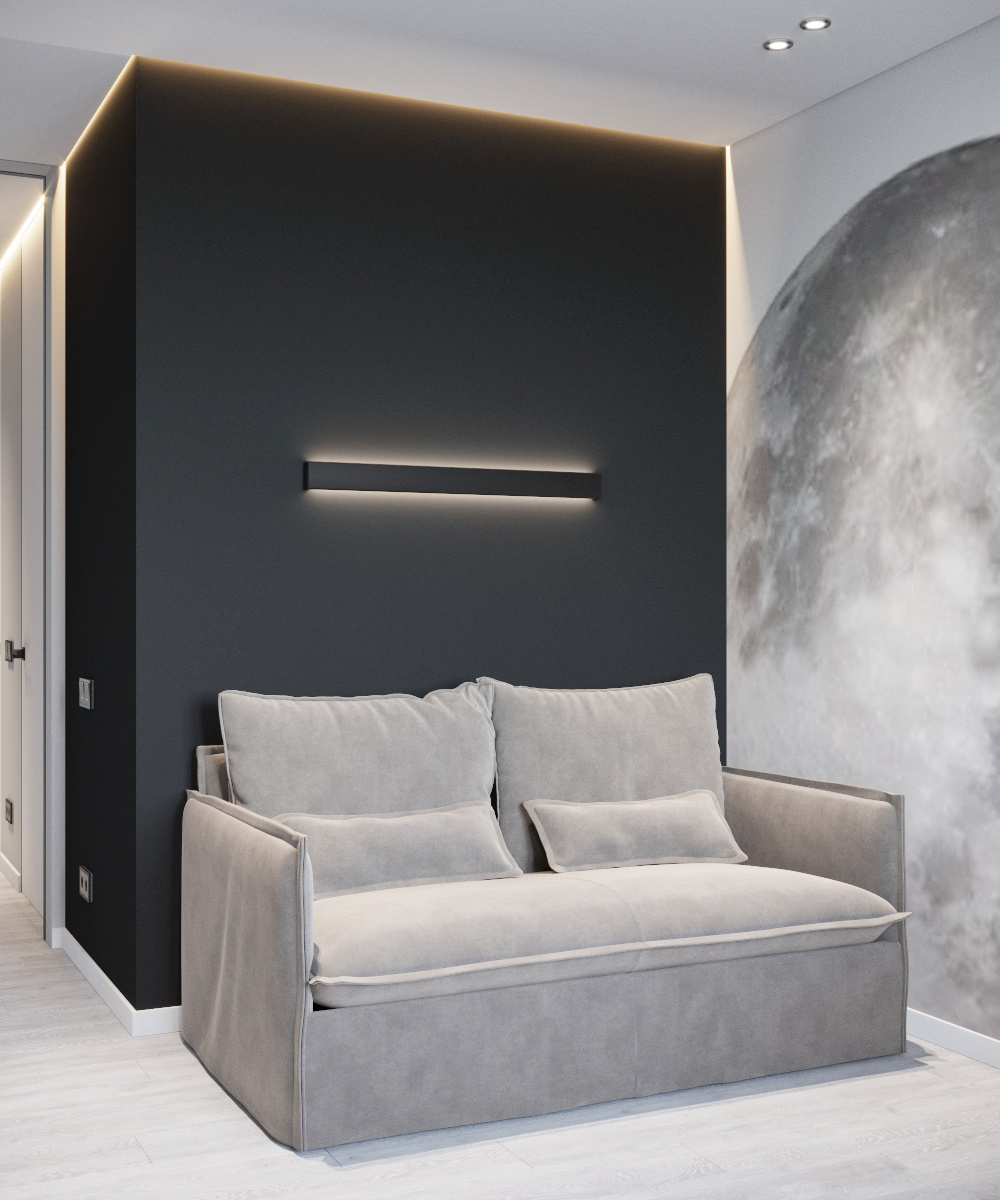 Проект ARTHOUSE: Квартира82 м², использование черного и белого цвета в интерьере гостиной 