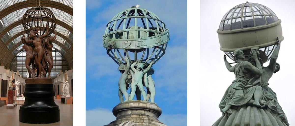 Слева: Жан-Батист Карпо. «Четыре части света». Musée d’Orsay, Париж, 1870 г. В центре: Ф.В. Помрой. Путти, поддерживающие зодиакальный глобус. Дом Электры, Лондон, 1900–1903 гг. Справа: Башня на доме компании «Зингер». Санкт-Петербург, Невский проспект, 1902–1904 гг.
 