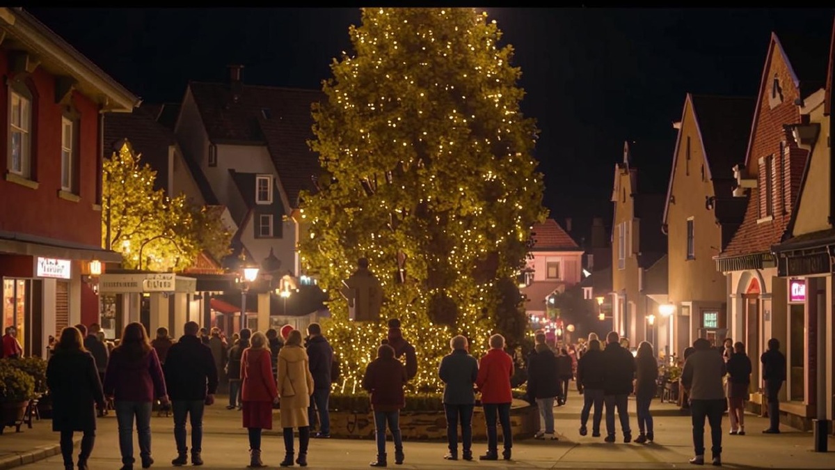 Вечерами жители городка собираются около елки 