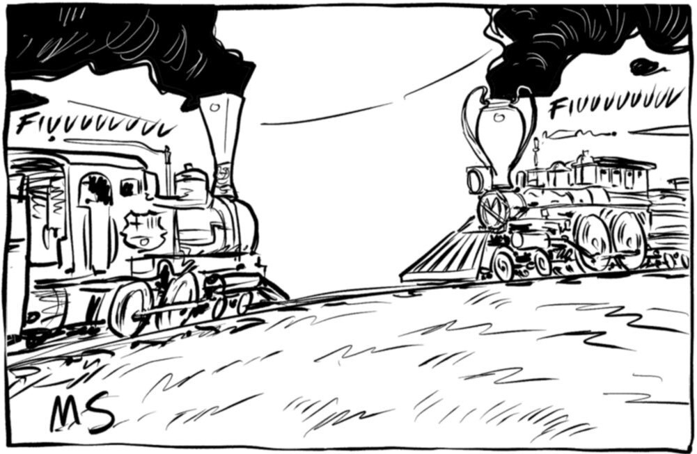 Движущиеся на встречных курсах паровозы неизбежно сталкиваются.