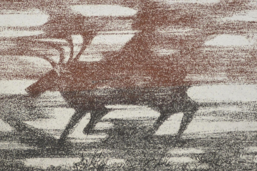 Ю.И. Вотяков, «Бегущий олень». 1976. Бумага, офорт, прямой перевод. Работа и коллекции НХМ РС(Я) / sakhamuseum.ru

