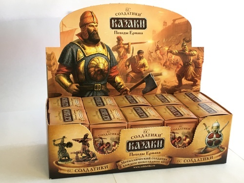 Красочная коробка с шоколадными яйцами Кидер Сюрприз серии "Казаки.Походы Ермака"