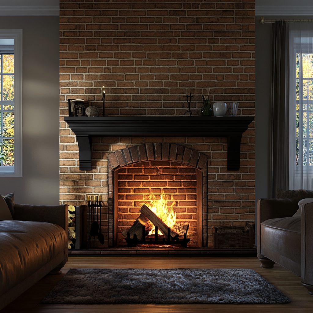 Камин из кирпича в классическом интерьере