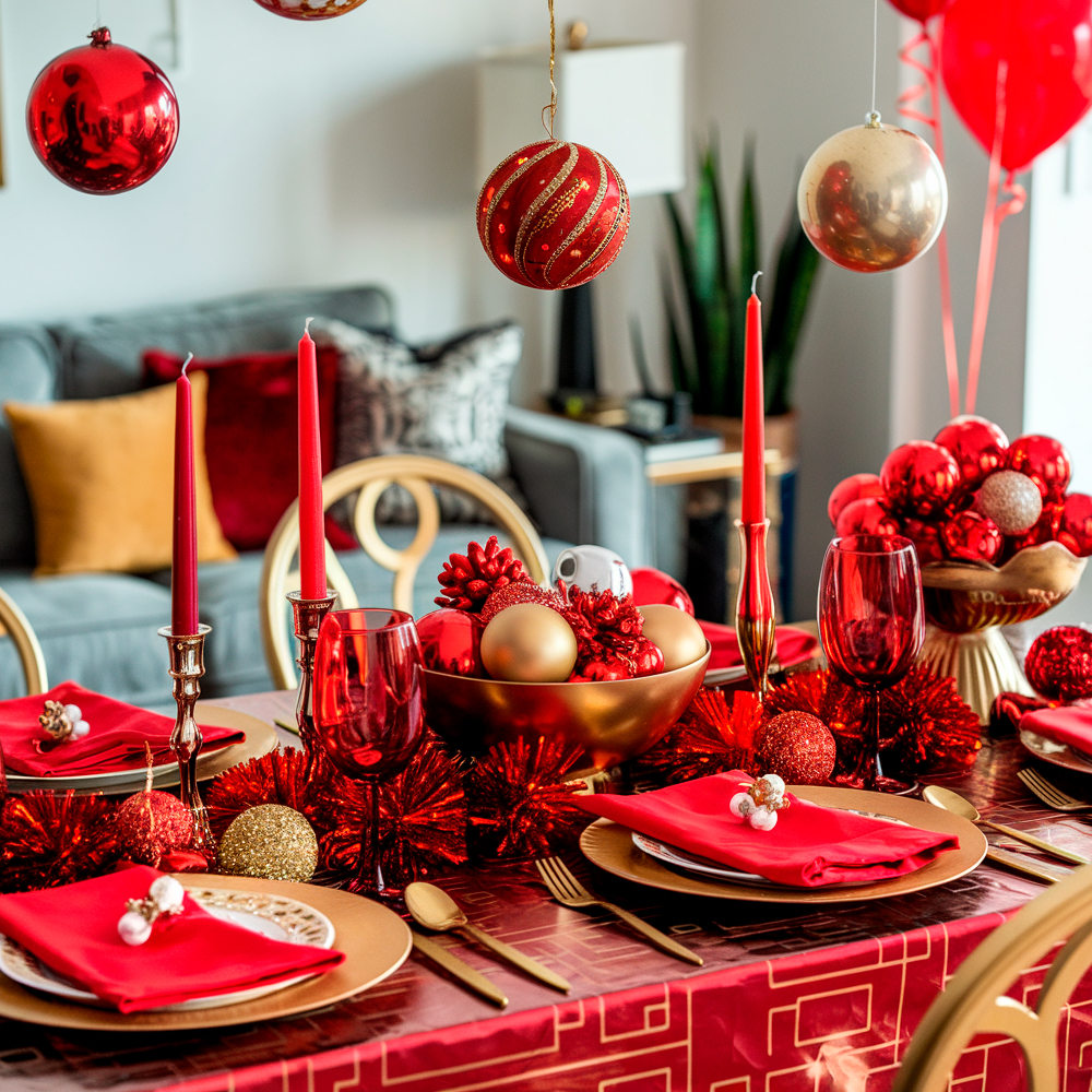 Новогодняя сервировка стола в красно-золотом стиле
