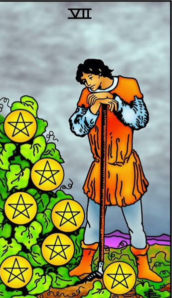 7 пентаклей Таро А.Э. Уэйта - поза - ожидания и усталости