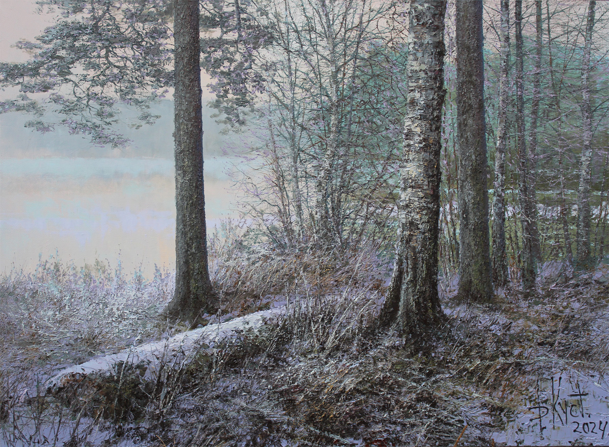 Художник Дмитрий Кустанович. Первые морозы на лесном озере, 80x110 см, холст, масло, 2024