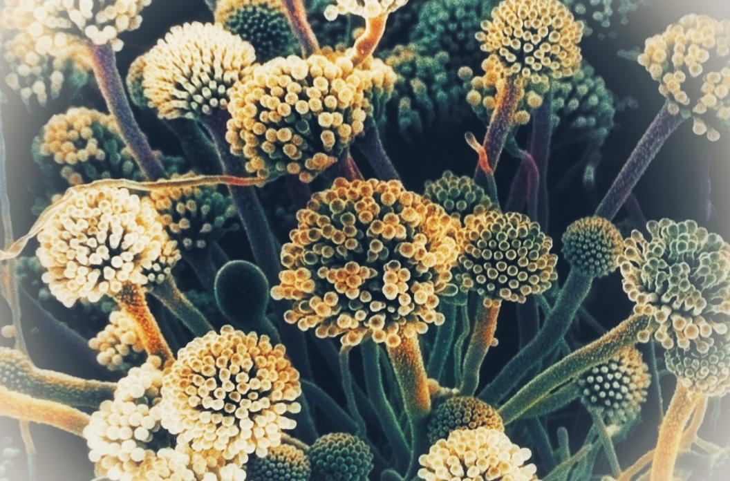Конидиальные головки гриба вида Aspergillus, фото под микроскопом