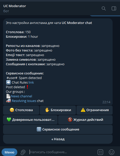 Админка антиспам бота