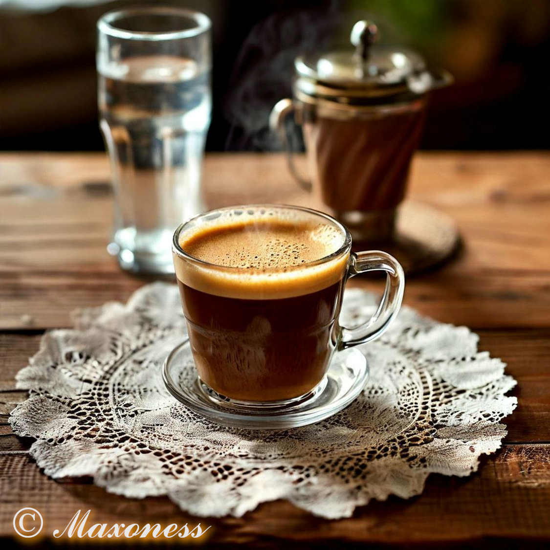 Эспрессо подается в небольших чашках с бокалом питьевой или минеральной воды