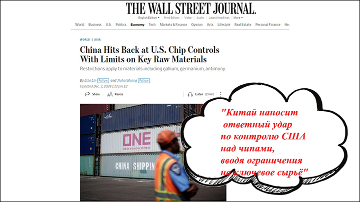    The Wall Street Journal. "Китай наносит ответный удар по контролю США над чипами, вводя ограничения на ключевое сырьё".