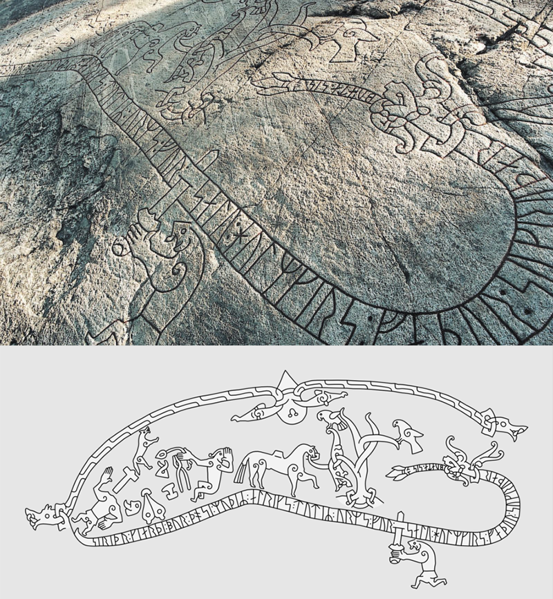 Мотивы Саги о Вёльсунгах, камень из Рамсунда, Швеция, прим. 1030-е годы.