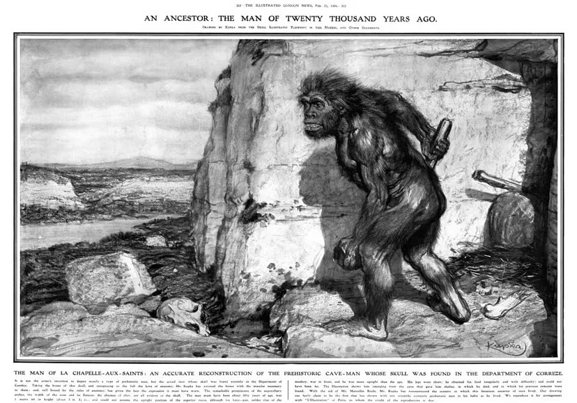 Реконструкция неандертальца из Ла-Шапель-о-Сен (рисунок Франтишека Купки). Иллюстрация из статьи Illustrated London News, 27 февраля 1909 года.
Источник: Linda Hall Library.