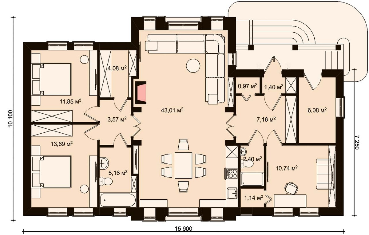 Базовый план с маленьким кабинетом и душем