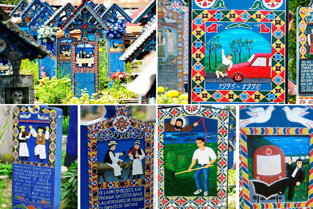 В селе Сэпынца на севере Румынии есть «Веселое кладбище», где принято ярко украшать надгробия в стиле наивного искусства и сопровождать рисунки шутливыми текстами.
Фото: коллаж Виктора Самонова