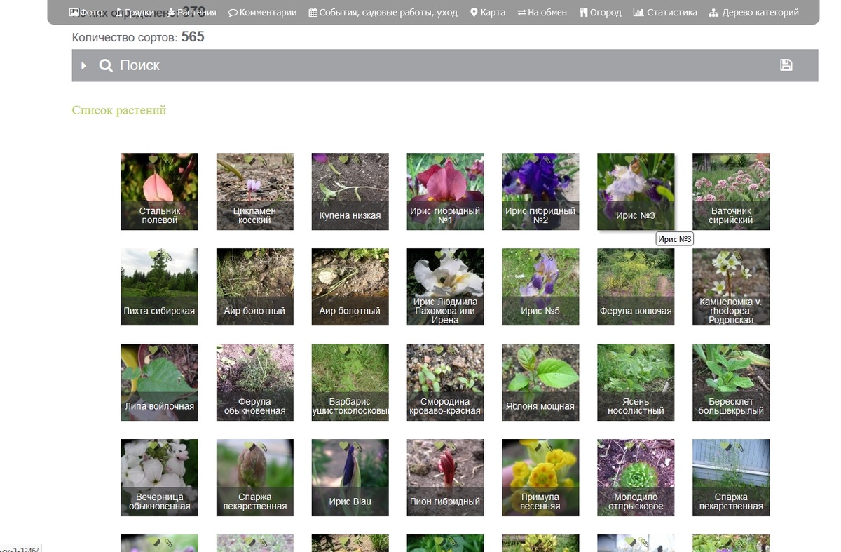 Вот так выглядит список растений на странице сада