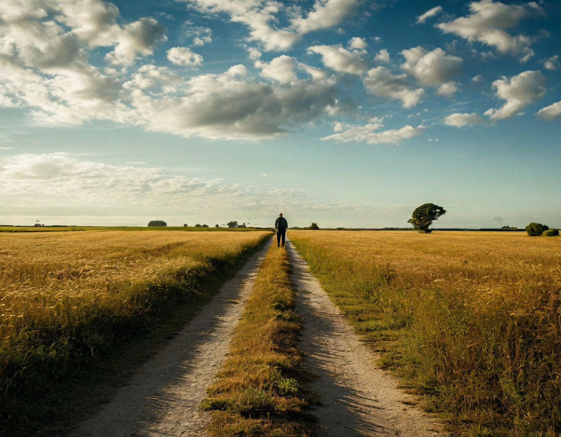 Пустая дорога в поле, где человек стоит на месте, не зная, куда идти.