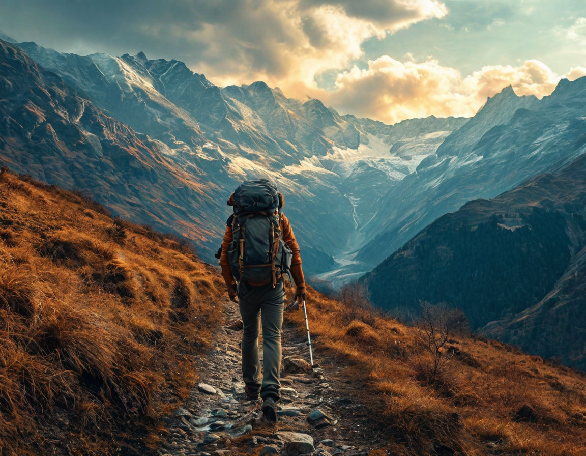 Одинокий путник с рюкзаком на пути вверх, символизирующий личный рост через трудности.