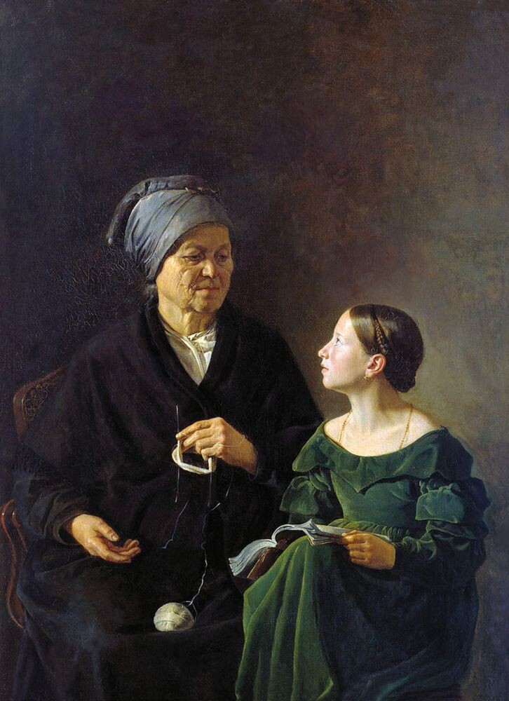 Худ.М.А. Мохов "Бабушка и внучка", 1839 г.