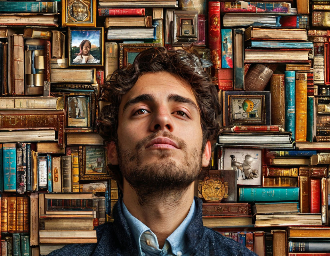 Калейдоскоп достижений: фотографии наград, книг, успехов других людей, на фоне задумчивого лица человека.