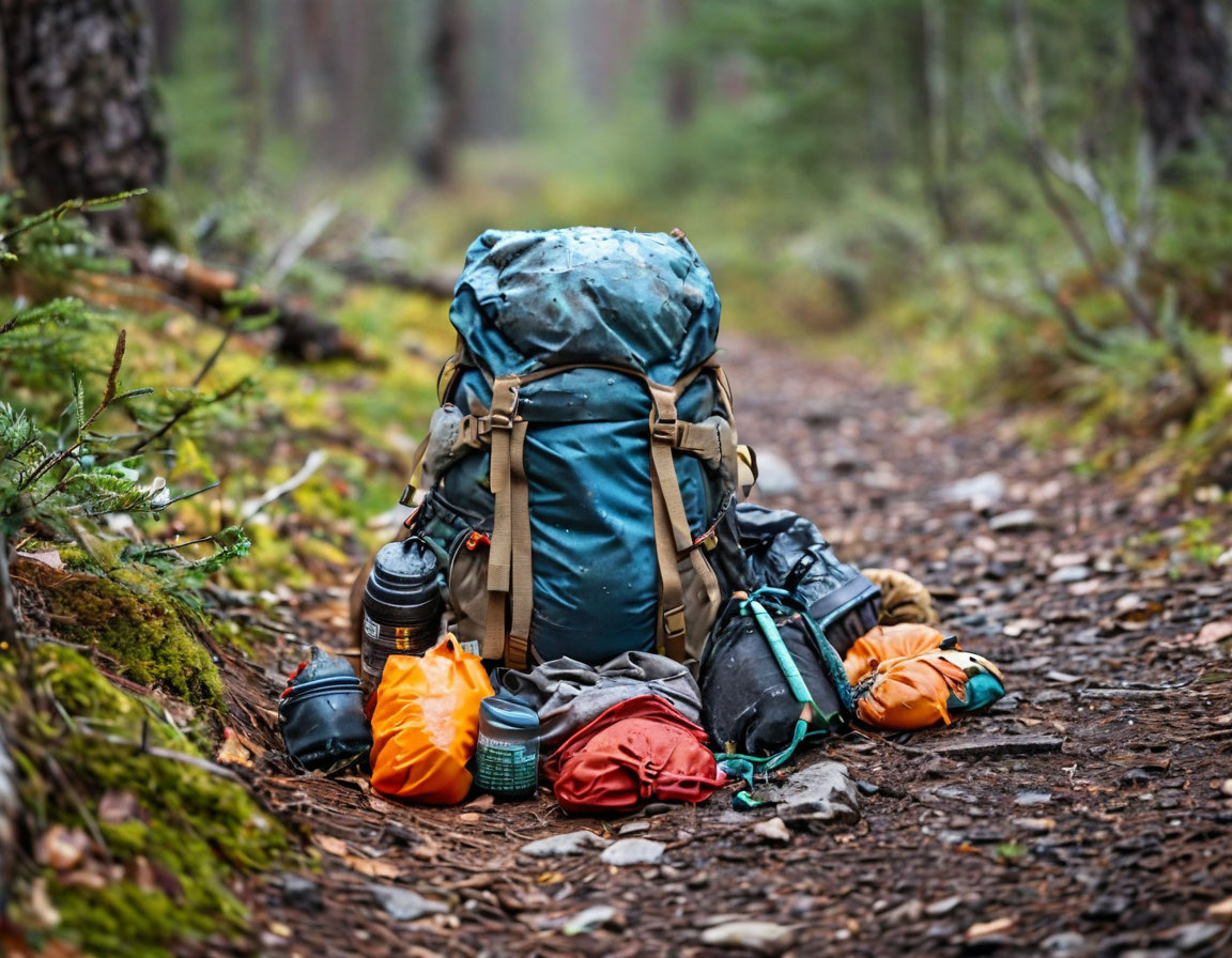 Рюкзак с разбросанными вещами рядом с тропой, как символ того, что подготовка не всегда идеальна.