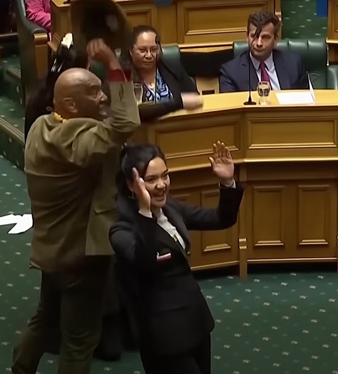 Хака в парламенте. Слева на ковре - разорванный экземпляр законопроекта. 