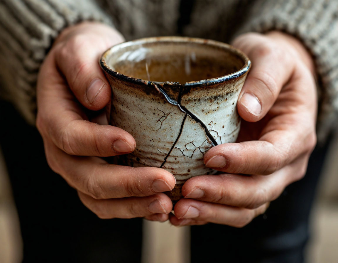 Руки, держащие чашку с треснувшим краем, символизируют страх столкнуться с несовершенством.