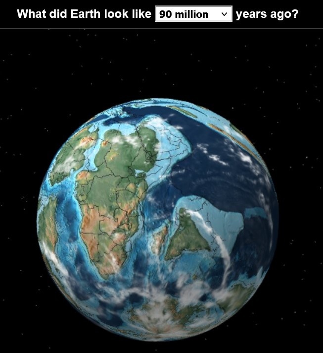 Земля 90 миллионов лет назад. Индостанская листосферная плита отделилась от Африки и Мадакаскара. (Источник https://dinosaurpictures.org)