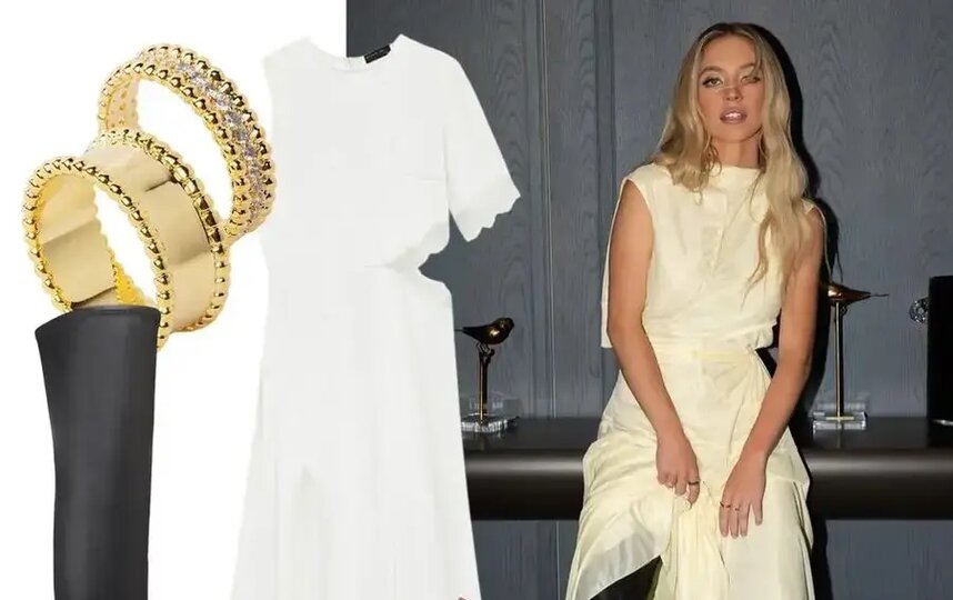    Платье STUDIO 29 (10 790 руб.) / ботфорты Tendance (25 530 руб.) / сет колец Herald Percy (10 400 руб.) / Тинт для губ бархатный BANILA CO (1571 руб.)соцсети @sydney_sweeney