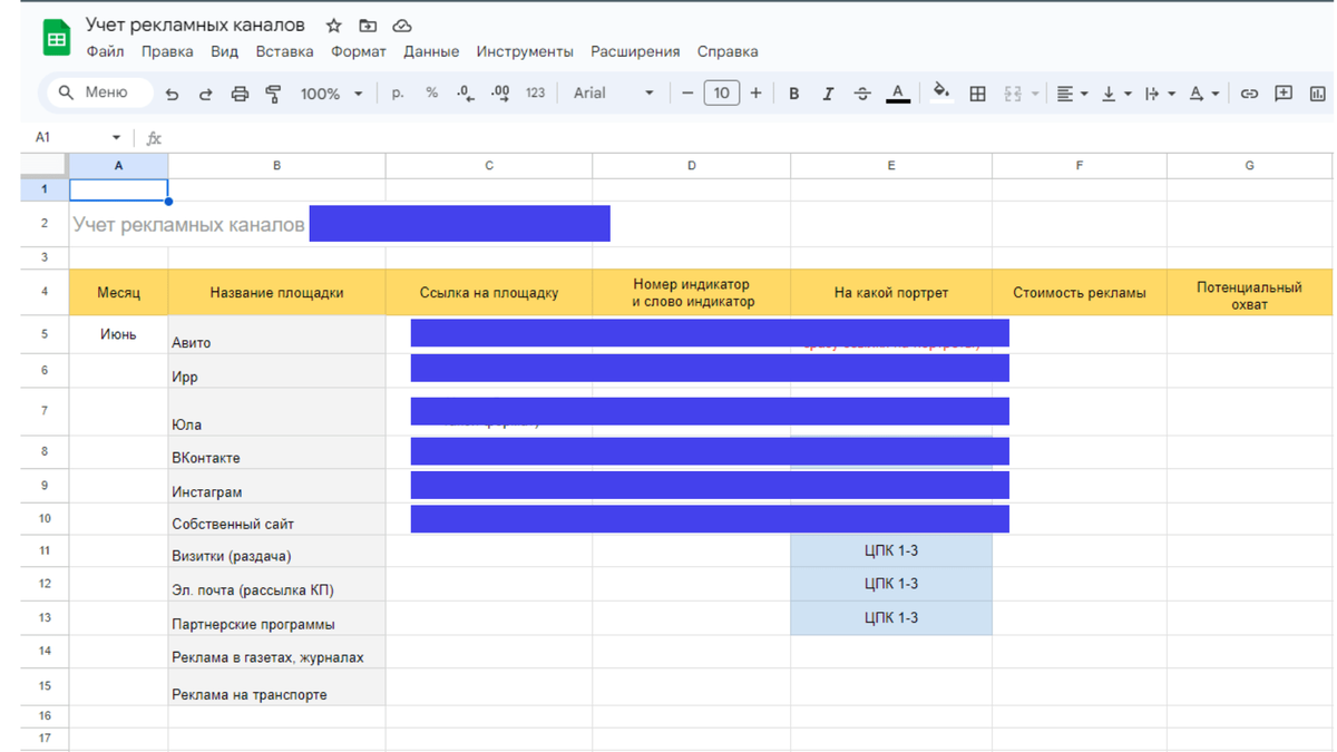 Пример таблицы учета рекламных каналов