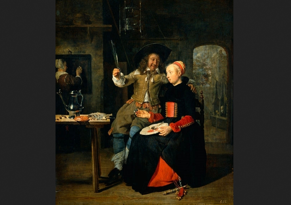 Габриэль Метсю. "Автопортрет с женой Изабеллой де Вольф в роли блудного сына в таверне". Габриэль Метсю. Автопортрет с женой Изабеллой де Вольф (?-1718) в роли блудного сына в 1661. 