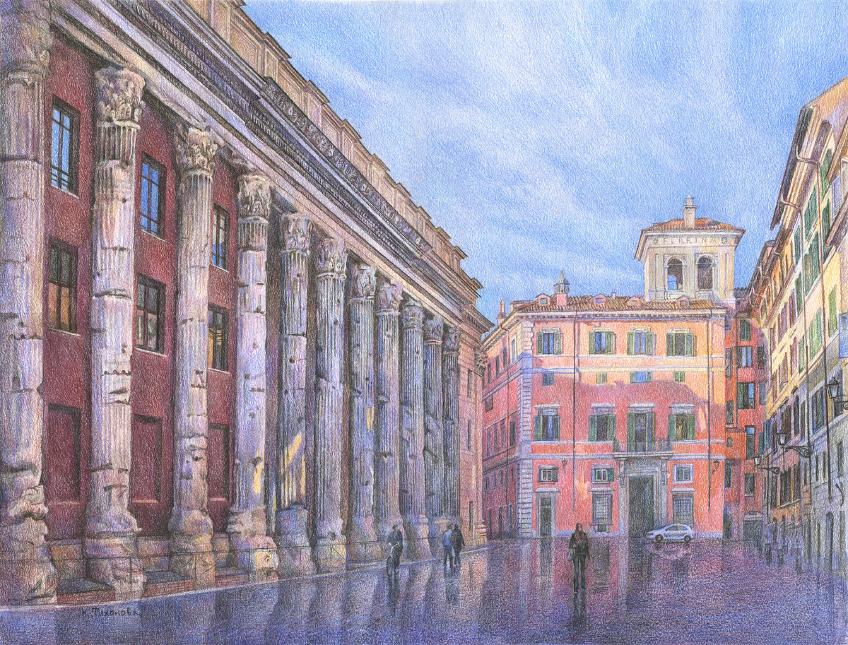  К. Тихонова. Серия: Фантастическая реальность. Лист: Поэзия античной колоннады. Храм Адриана в Риме. 2024. Бумага, цветной карандаш. 40Х52.