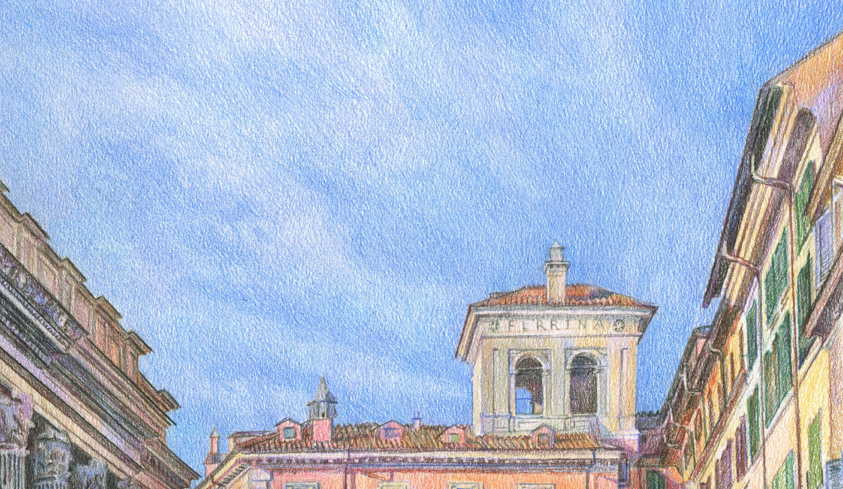 К. Тихонова. Серия: Фантастическая реальность. Лист: Поэзия античной колоннады. Храм Адриана в Риме. 2024. Бумага, цветной карандаш. Фрагмент. Дворец семьи Феррини.