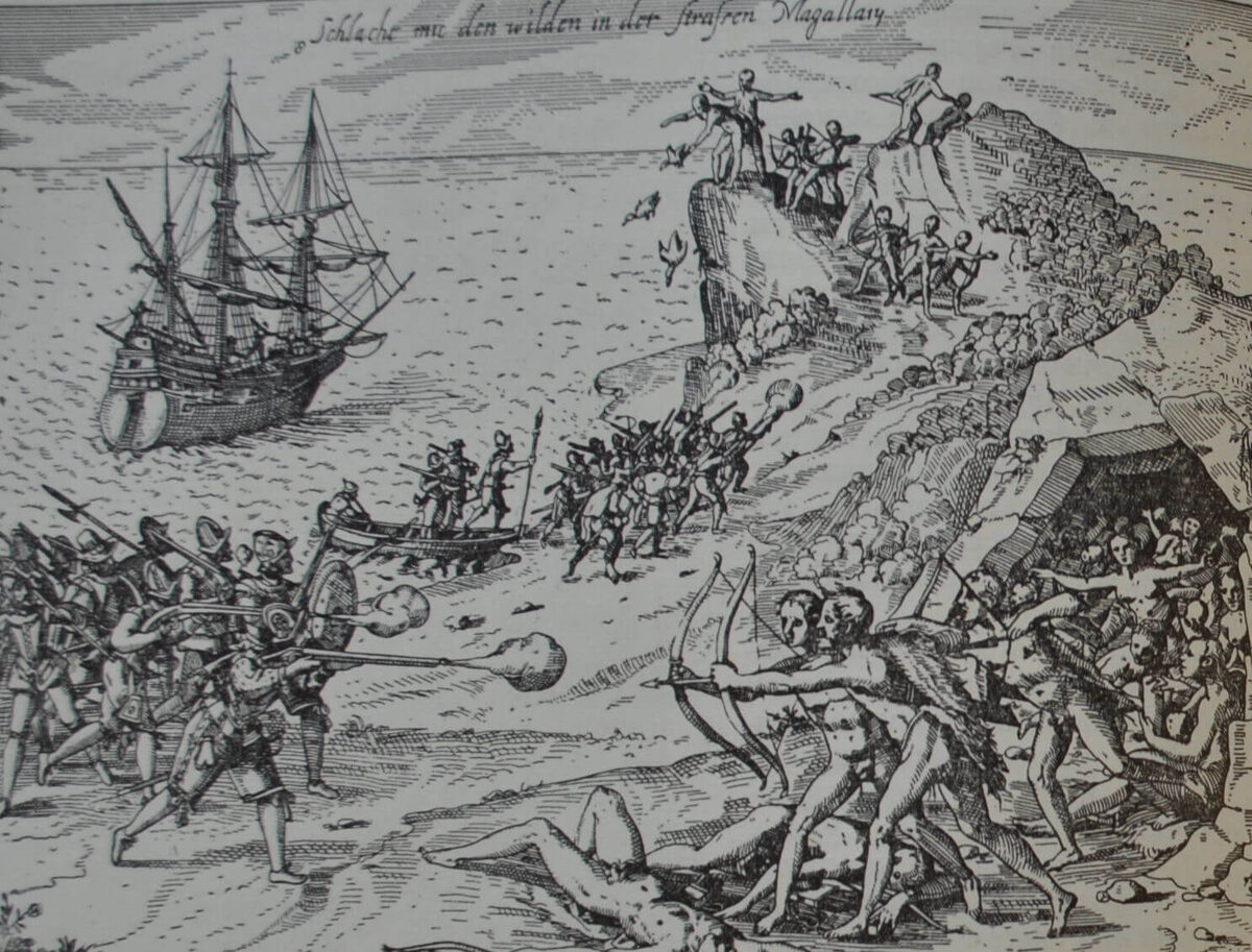 Столкновение голладцев и аборигенов Южной Америки. Рисунок очевидца